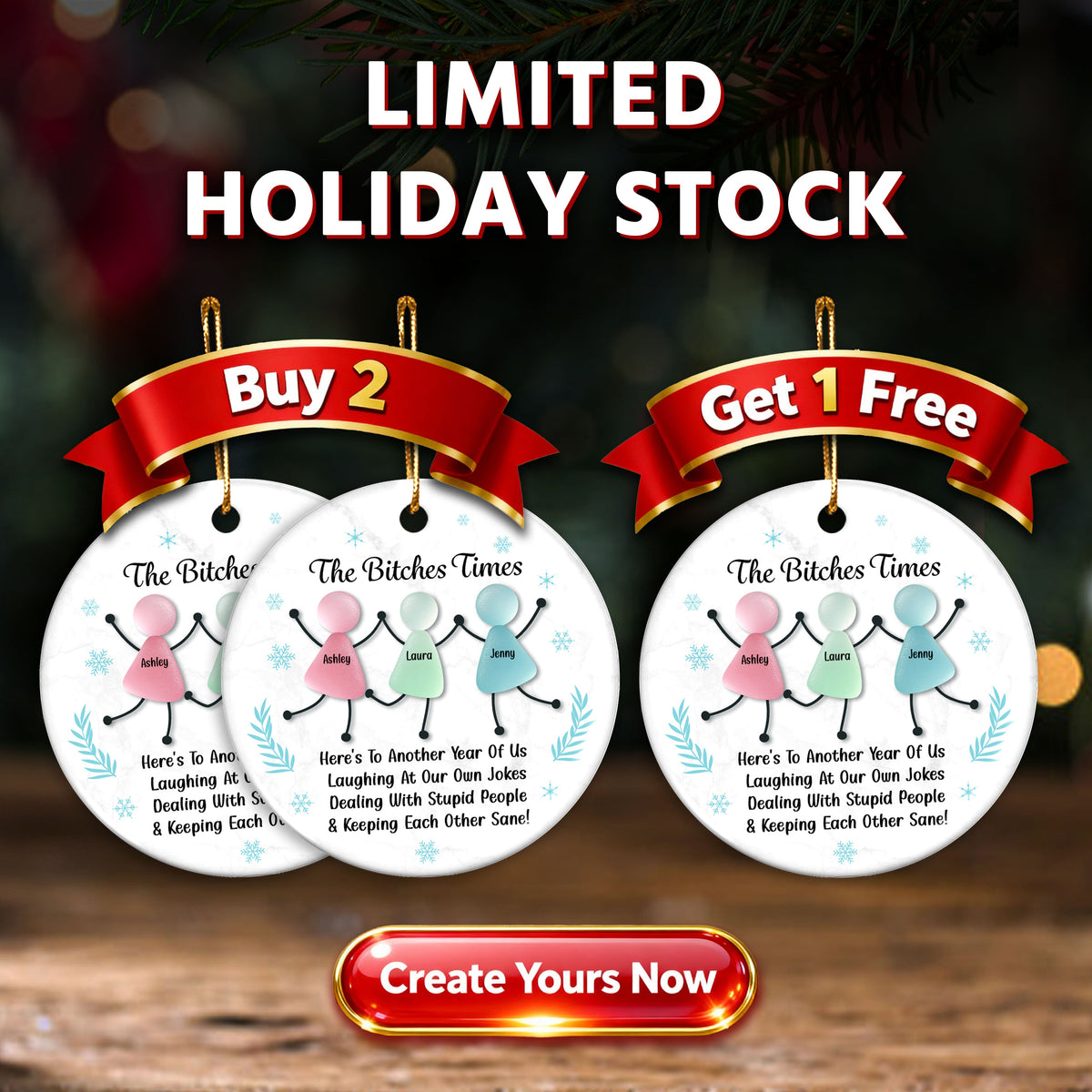[BUY 2 GET 1 FREE] The B*tches Times Funny Best Friends Ornament 2025 - Personalized Ceramic Ornament - 3D Effect Sea Glass