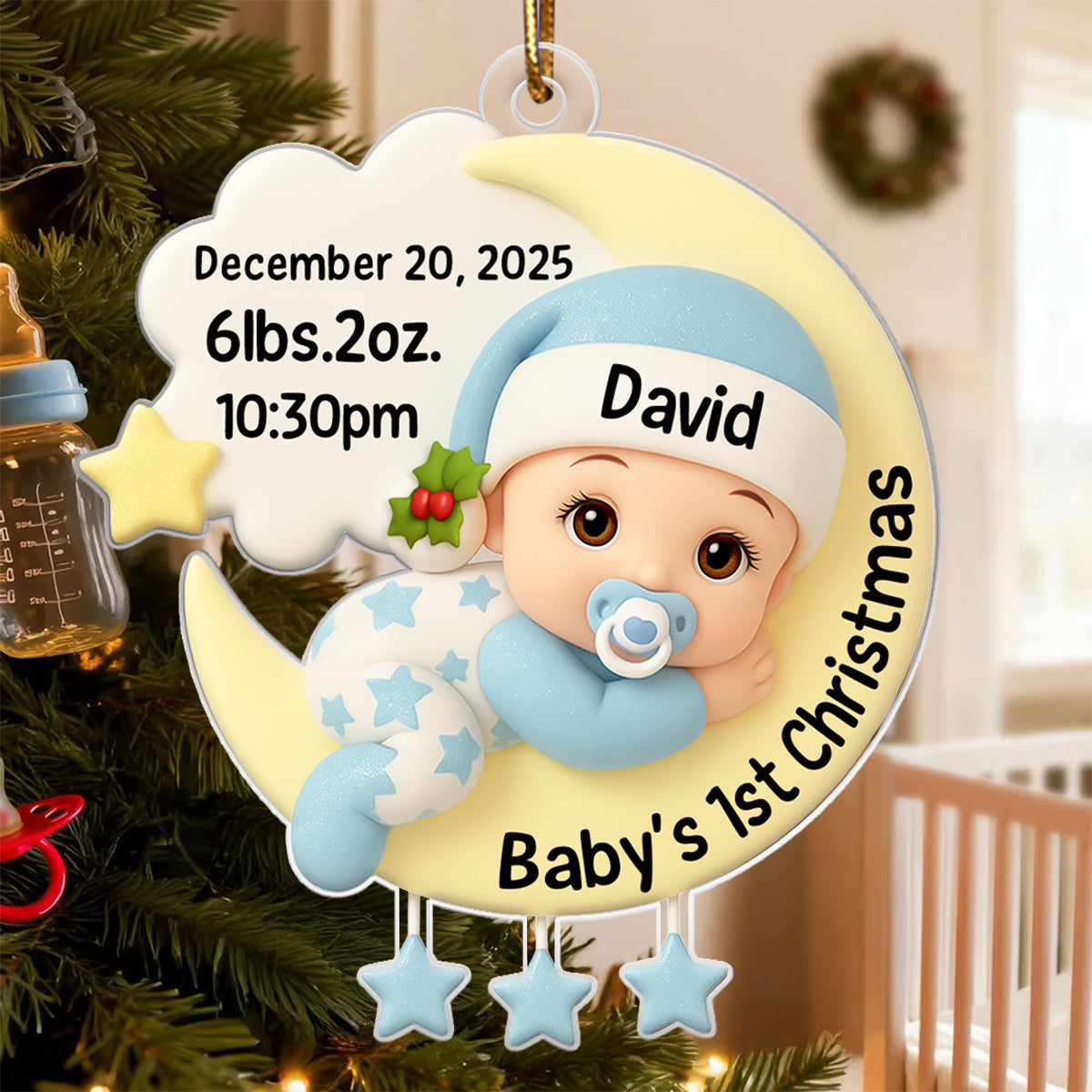 Baby In The Moon First Christmas - Personalized Acrylic Ornament - Heartwarming Christmas Gift For New Parents, Newborn Keepsake