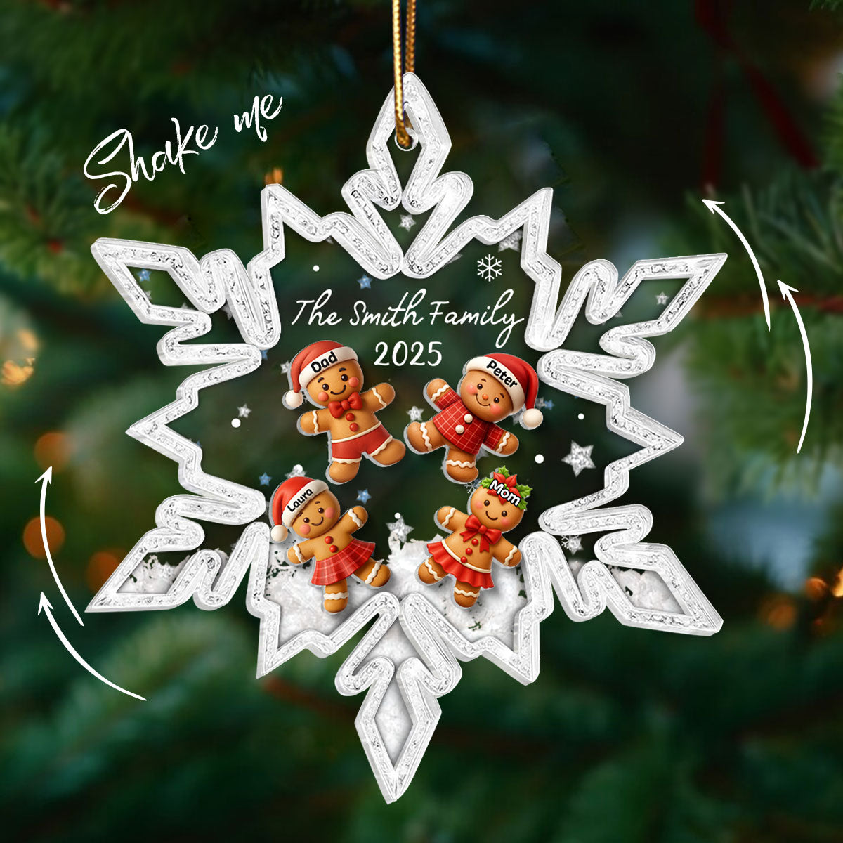 Snowflake Gingerbread Family - Personalized Shaker Ornament - Christmas Gift for Family