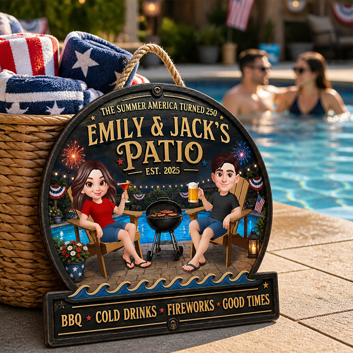 The Summer America Turns 250 Couple Pool & Patio - Personalized Wooden Sign - Summer Decor Gift for Her, for Him