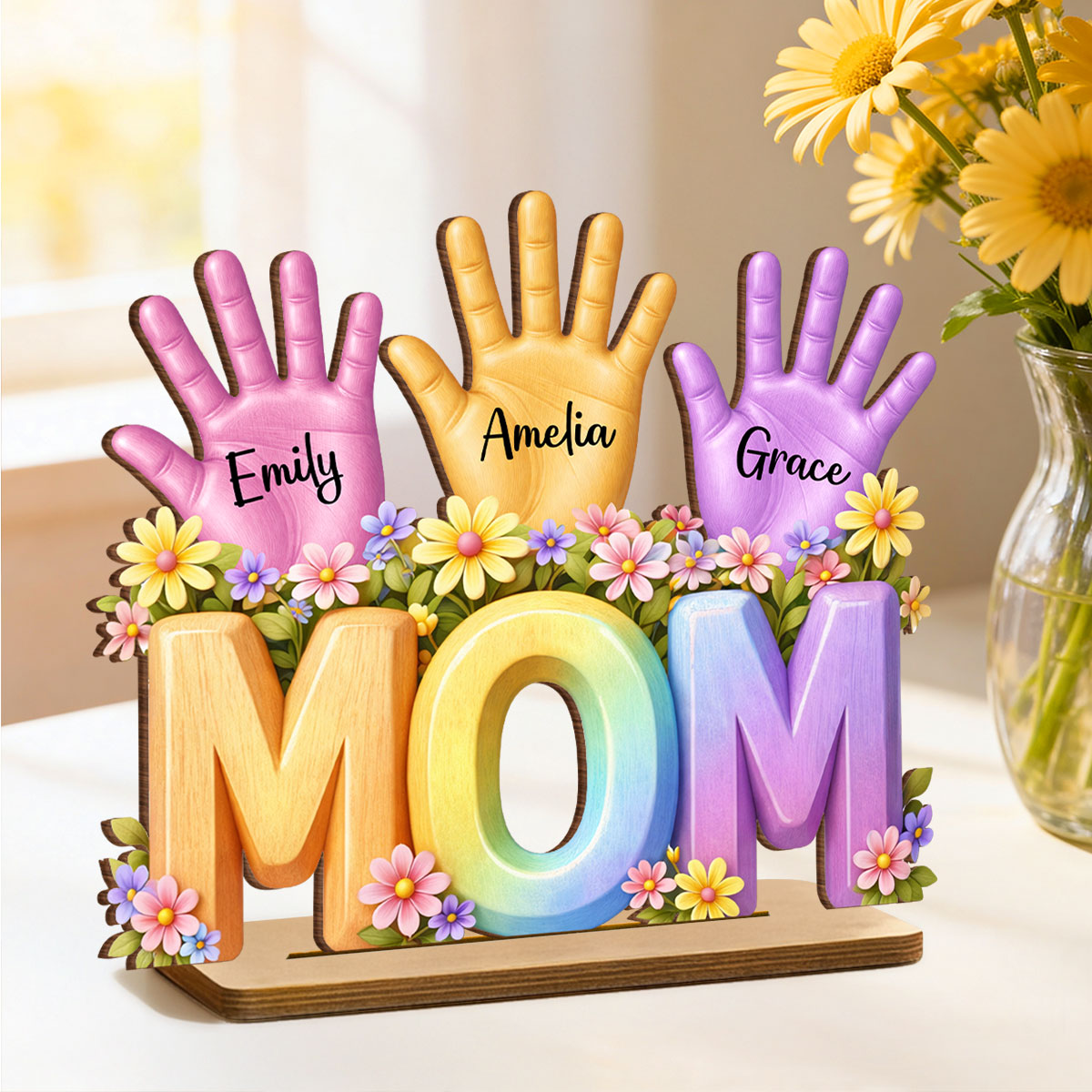 Mom And Kids Hand Print - Personalized 2-Layered Wooden Plaque - Heartfelt Mother's Day Gift for Mom, Wife