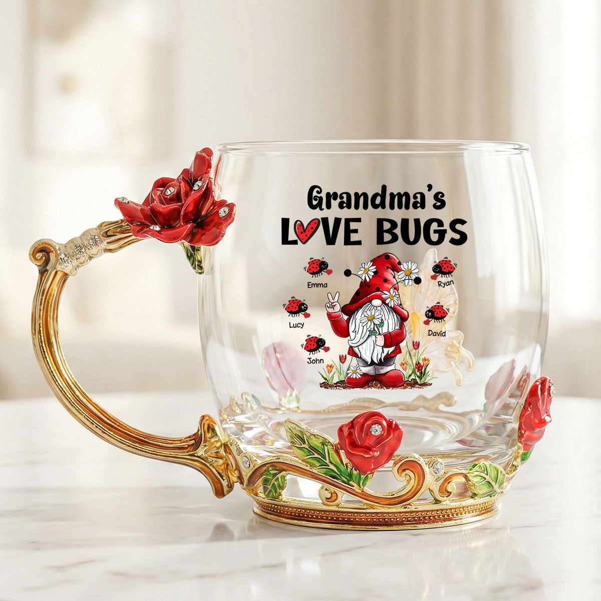 Grandma's Love Bugs - Personalized Enamel Flower Tea Cup - Gift For Grandma, Mom