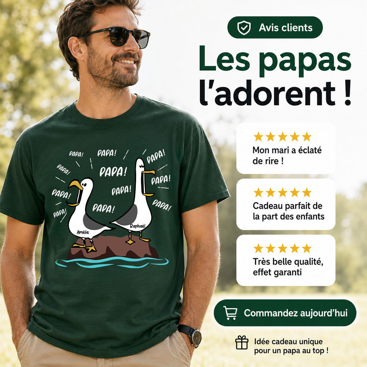 Mouettes Papa! Papa! Papa! – T-shirt Personnalisé – Cadeau Rigolo pour la Fête des Pères