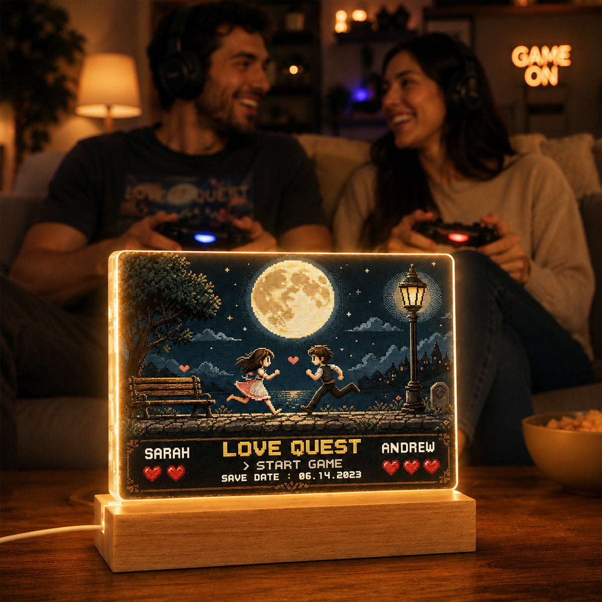 Retro Gamer Couple Love Quest - Personalized Acrylic Block LED Night Light - Anniversary Gift for Him, for Her