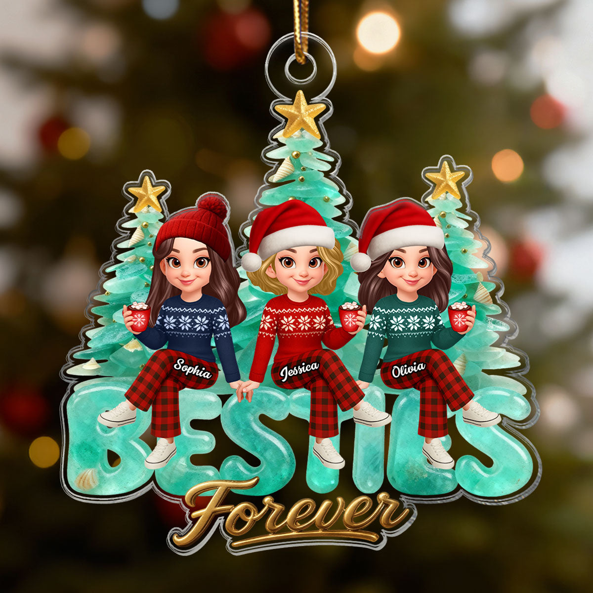 3D Sea Glass Effect Christmas Tree Besties Forever - Personalized Acrylic Ornament - Gift For Best Friends