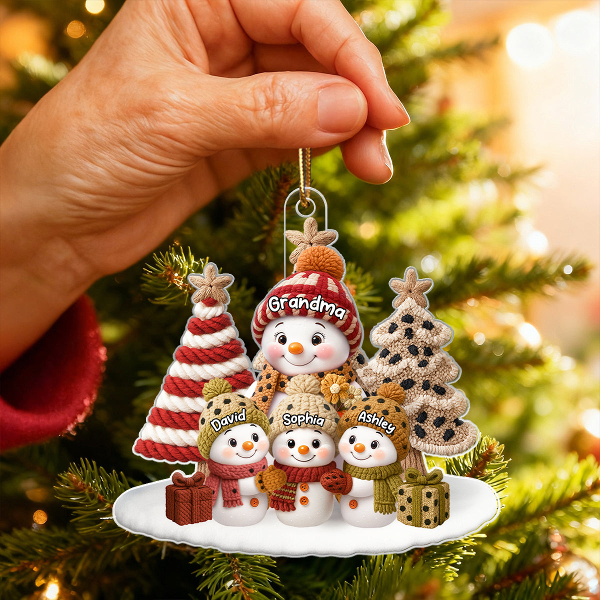 3D Embroidered Effect Snowman Grandma Grandkids - Personalized Acrylic Ornament - Christmas Gift for Grandma