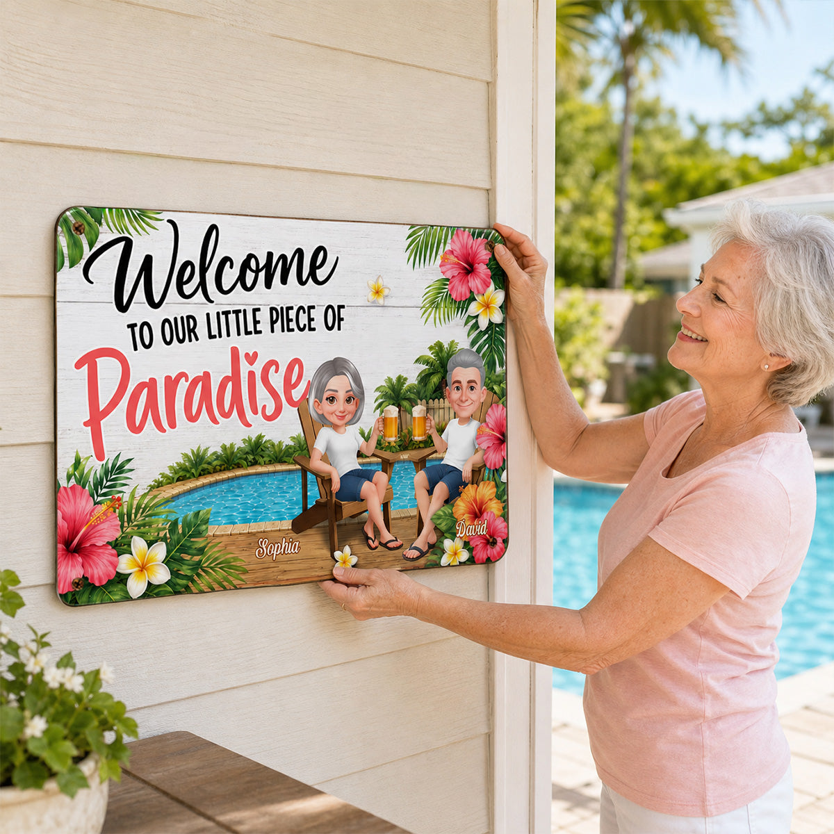 Welcome To Our Little Piece Of Paradise - Personalized Metal Sign - Outdoor Pool Fun Wall Decoration