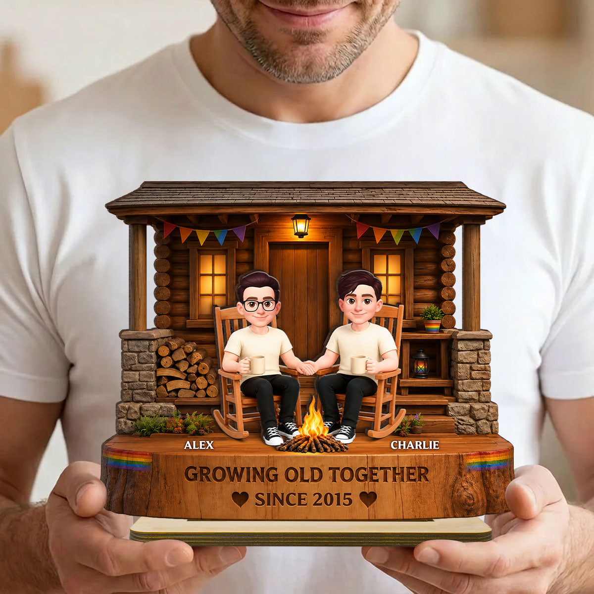 LGBT+ Couple Sitting On Front Porch - Personalized 2-Layered Wooden Plaque - Gift For Couple, Happy Pride Month