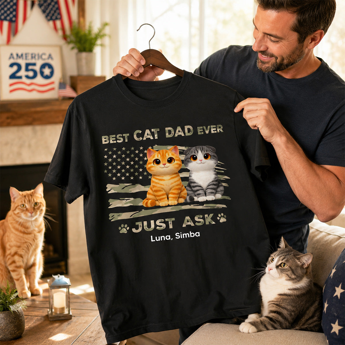 Best Cat Dad Ever Nation Flag Theme Cute Cats - Personalized Shirt - Father's Day Gift For Cat Dad, Patriotic 4th Of July Gift, USA 250th Anniversary
