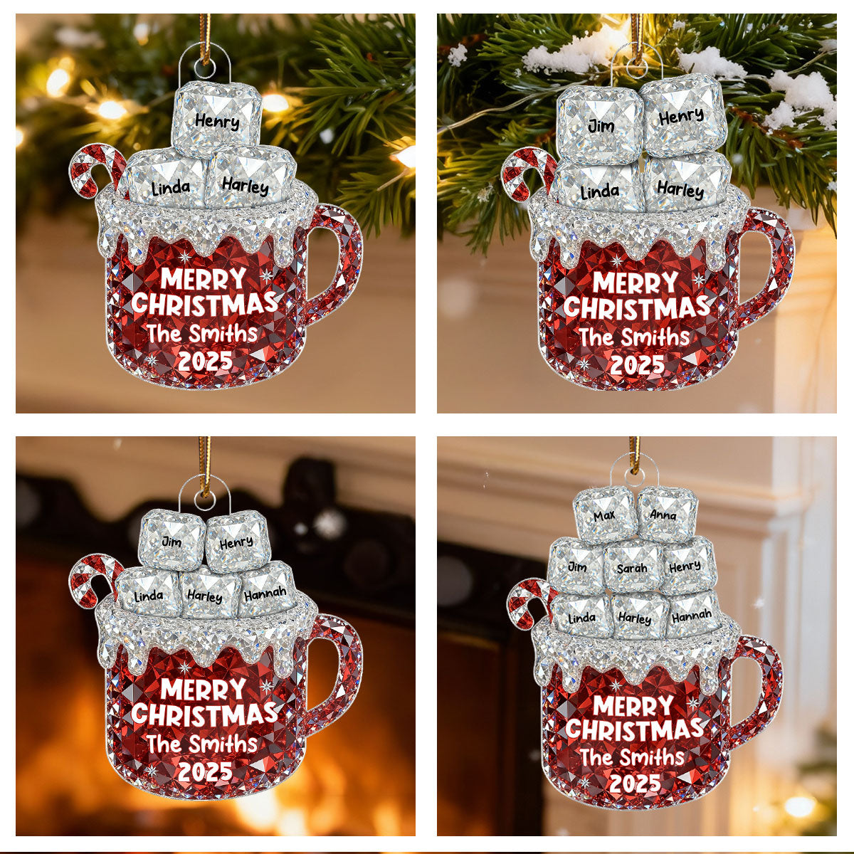 3D Crystal Effect Christmas Hot Cocoa Marshmallows Family Names - Personalized Acrylic Ornament