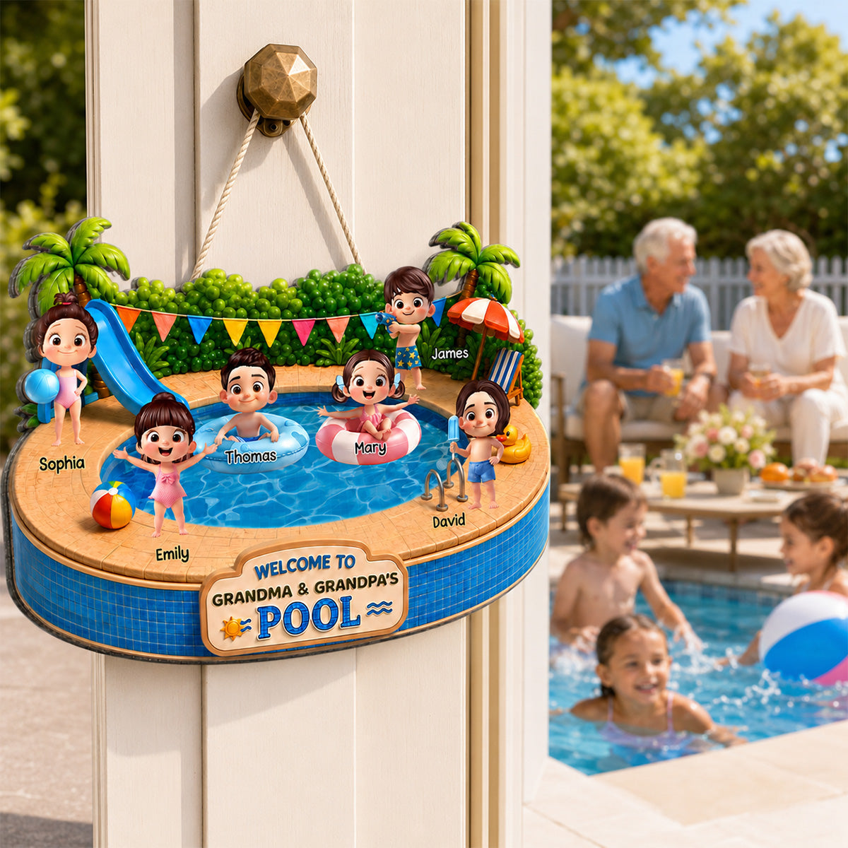 Welcome To Grandma Grandpa Pool Playful Kids 2D Flat - Personalized Wood Sign