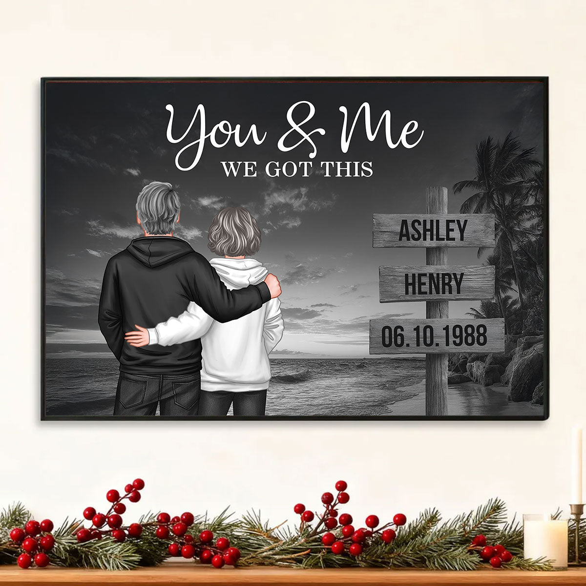 Retro Couple Street Sign Beach Landscape - Personalized Poster - Heartfelt Couple Gift for him, for her