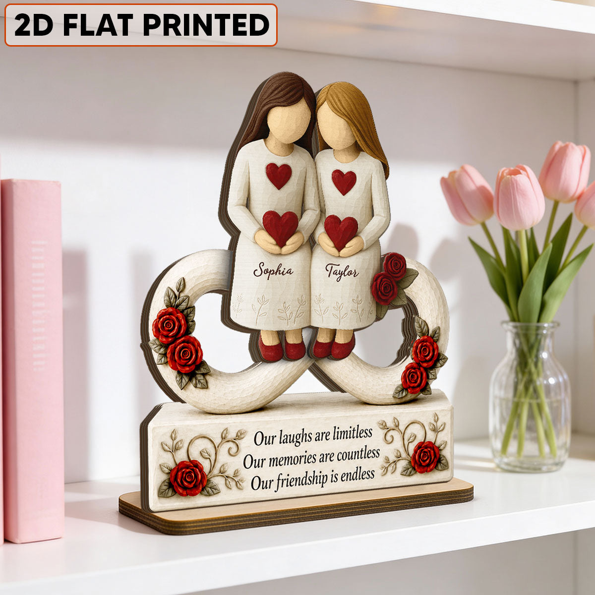 Roses Besties Infinity Our Friendship Is Endless - Personalized 2-Layered Wooden Plaque - Birthday Gift, Gift For Best Friends