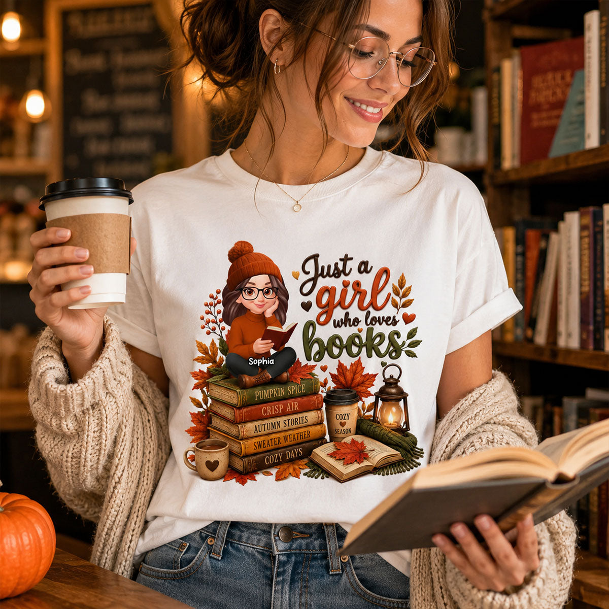 Cozy Autumn Girl Who Loves Books - Personalized Shirt - Fall Season Gift, Gift For Book Lovers