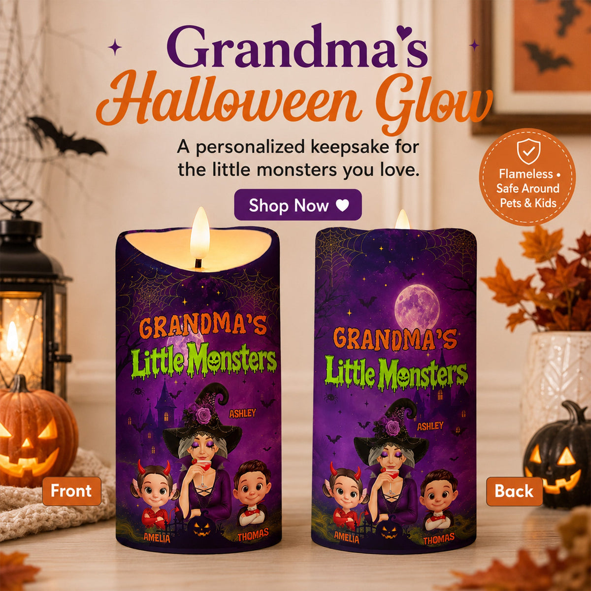 Grandma's Little Monsters Pretty Witch & Kids Purple Theme - Personalized LED Candle - Perfect Halloween Decor for Grandma
