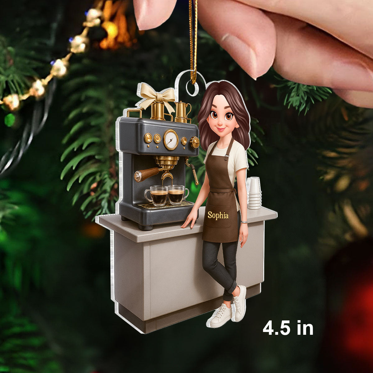 Espresso Machine Coffee Maker Diorama With Cups - Personalized Acrylic Ornament - Gift For Baristas And Coffee Lovers