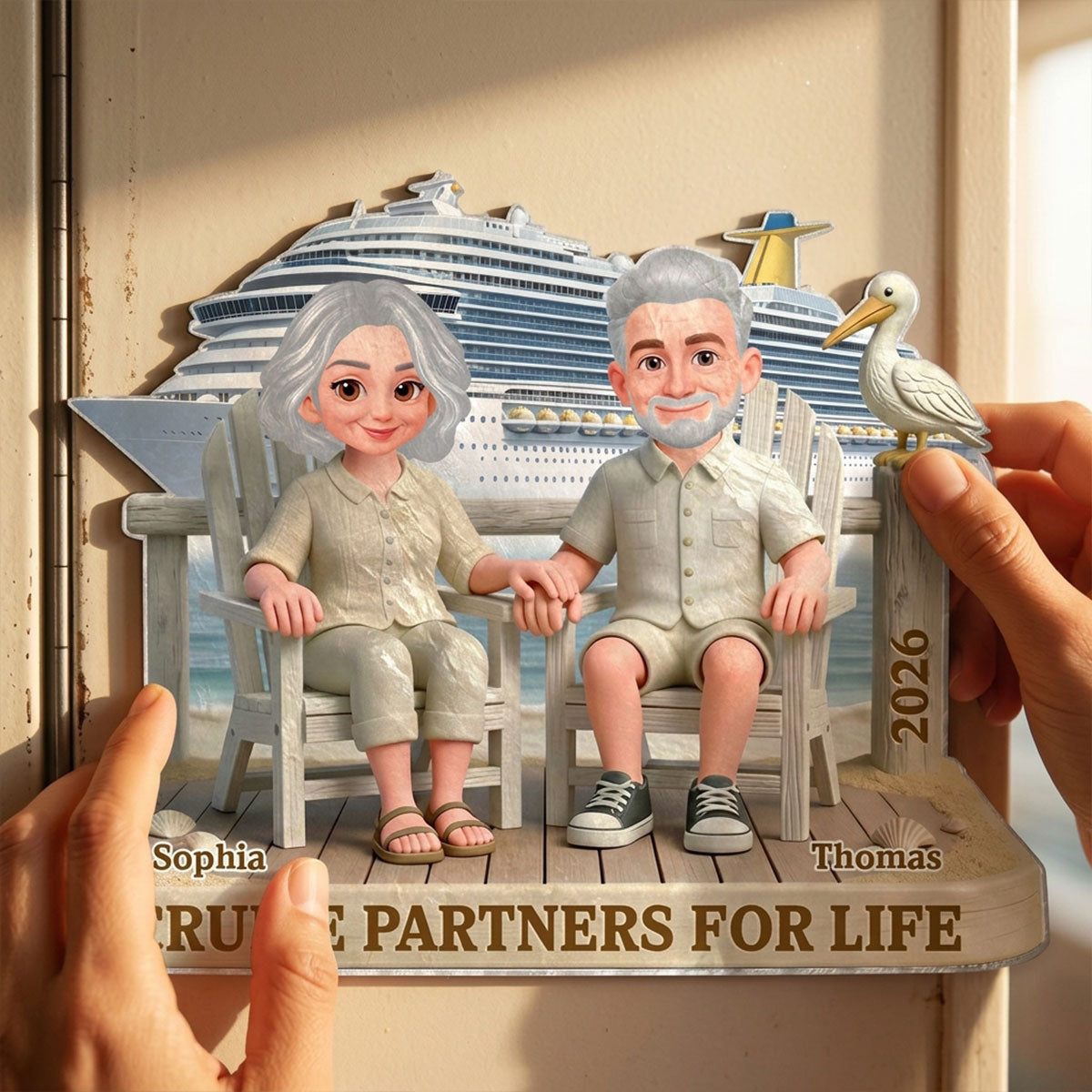Old Couple Sitting On The Beach - Personalized Cruise Cabin Door Magnet - Anniversary Cruise Keepsake