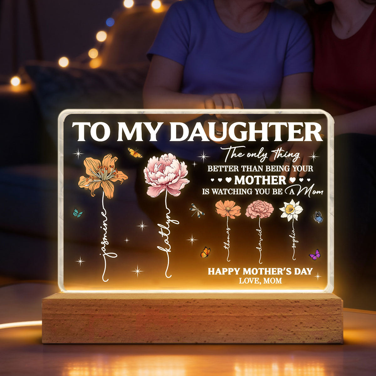 To My Daughter Mom And Daughter Custom Birth Month Flowers Kids Names - Personalized Acrylic Block LED Night Light - Mother's Day Gift For Daughter