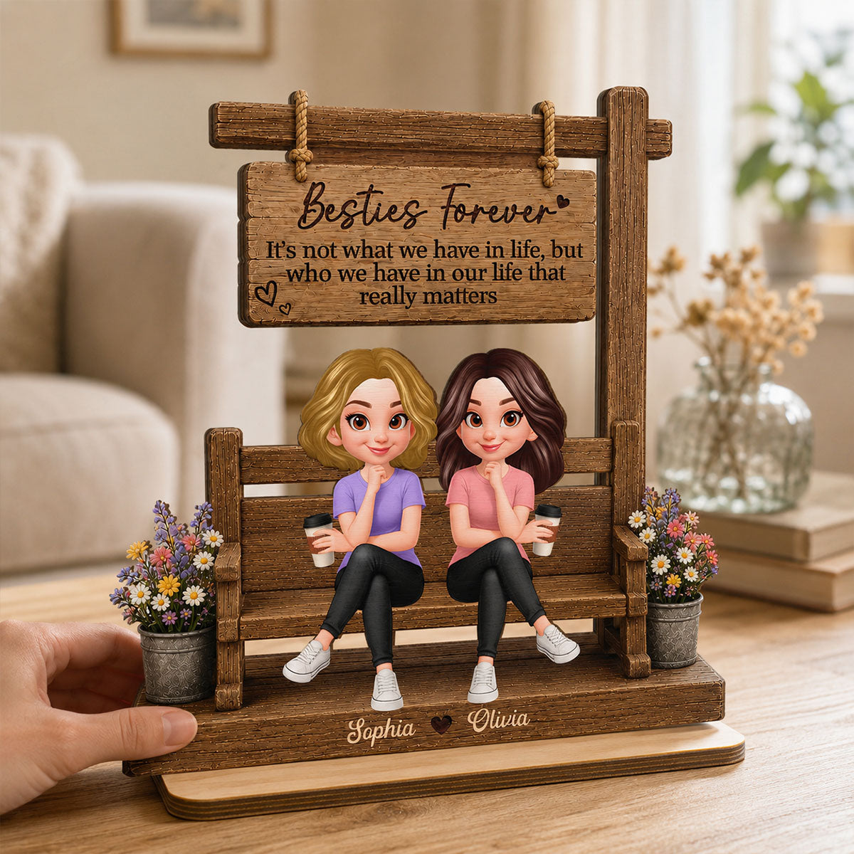 Besties Sitting Under Sign Post 2D Flat - Personalized Wooden Plaque - Friendship Keepsake