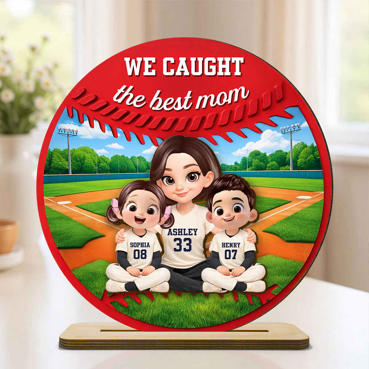 Mom And Kids Baseball Field - Personalized 2-Layered Wooden Plaque - Heartfelt Gift For Baseball Mom, Grandma