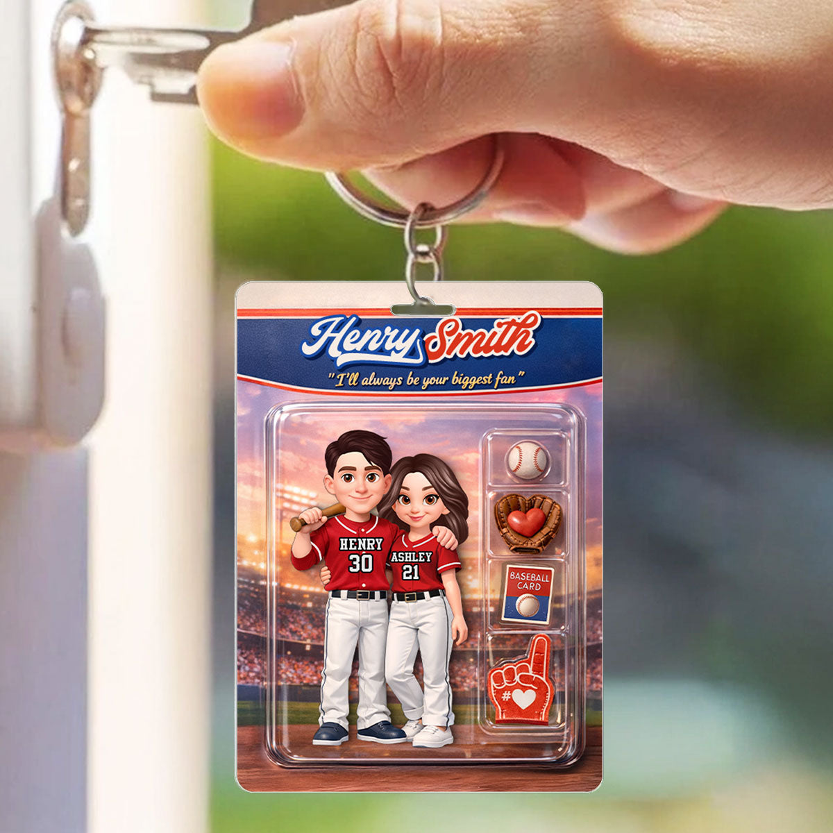 Baseball Couple I'll Always Be Your Biggest Fan Custom Action Figure - Personalized Acrylic Keychain - Sentimental Gift for Him