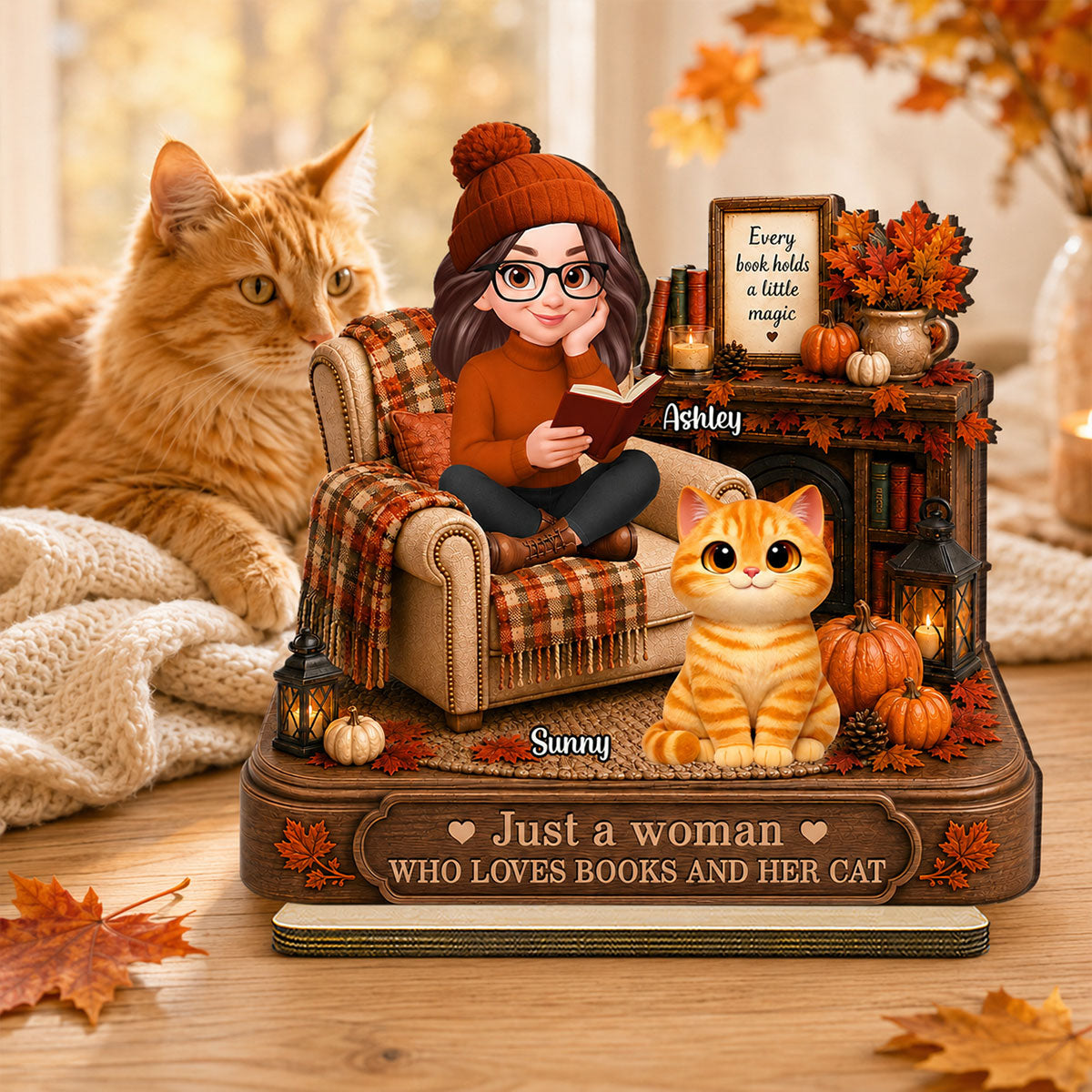 Fall Season Just A Woman Who Loves Books And Cats - Personalized 2-Layered Wooden Plaque - Fall Gift For Book Lovers