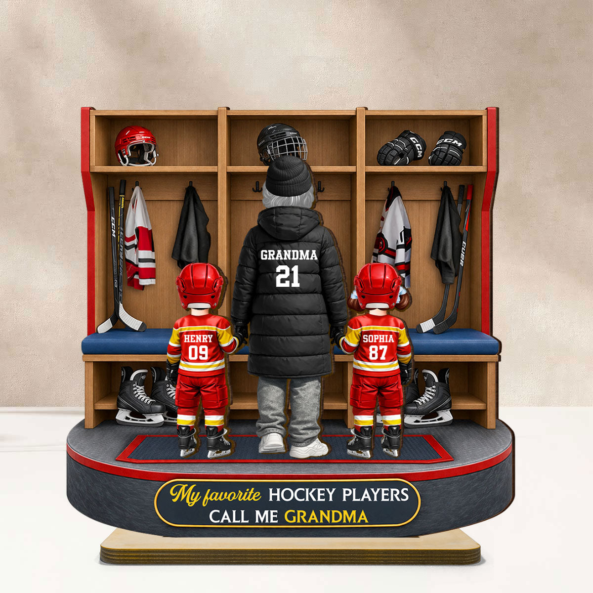 Hockey Grandma And Kids Locker Room - Personalized 2-Layered Wooden Plaque - Heartfelt Gift For Grandma