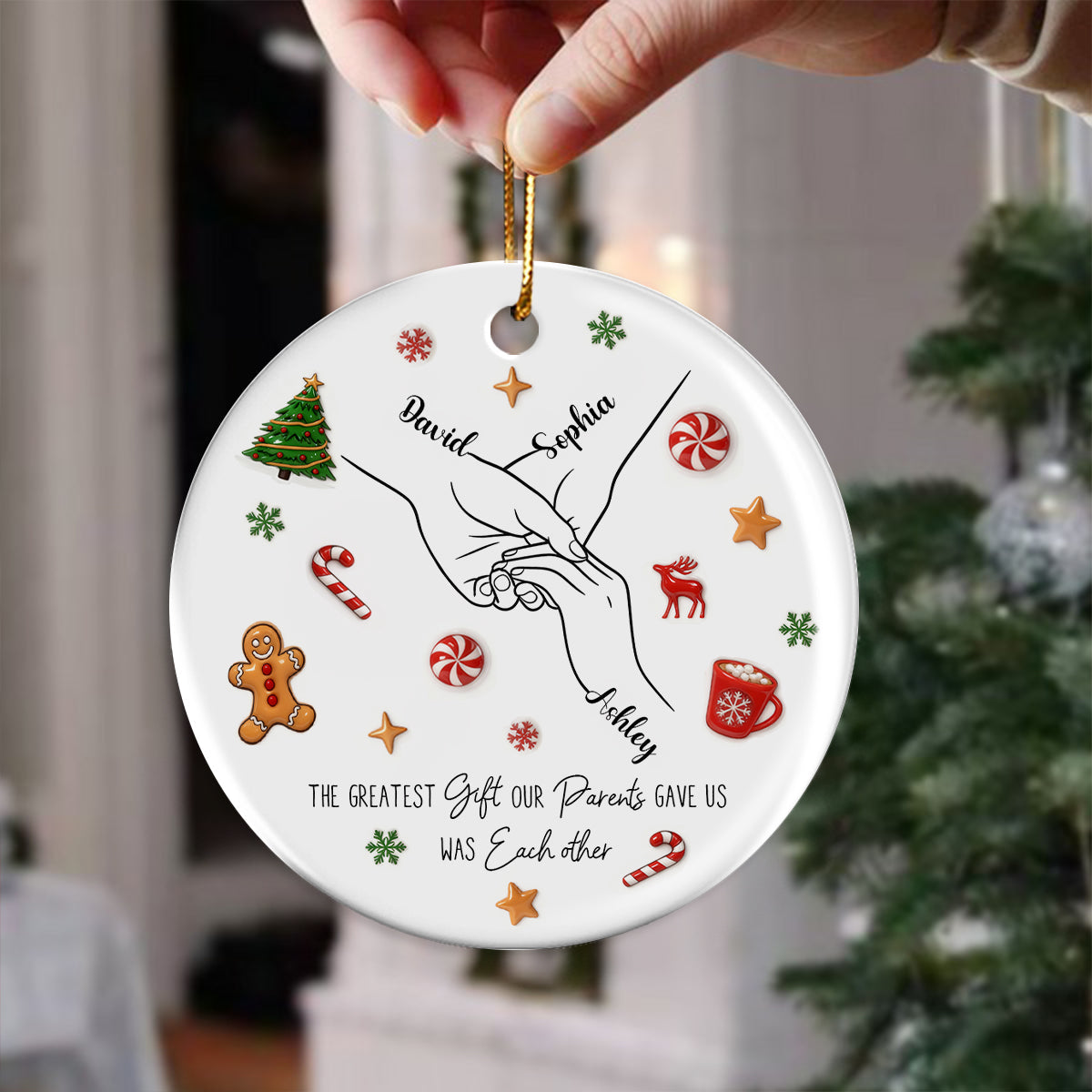 Sibling Hands Line Art - Personalized Ceramic Ornament - Christmas Gift For Brother, For Sister