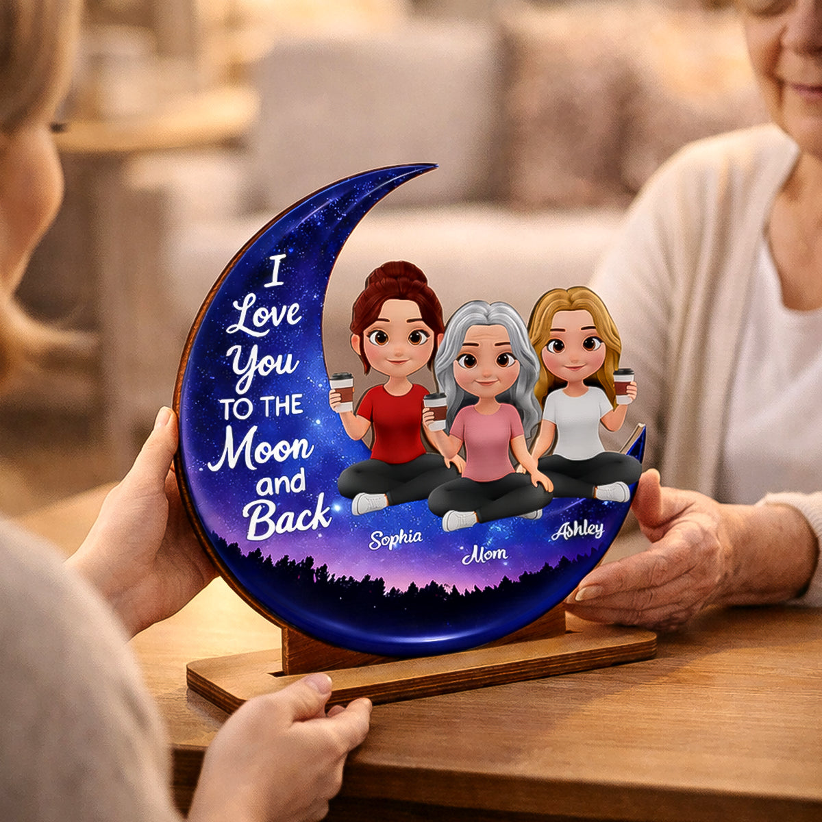 Mom And Daughters Love You To The Moon And Back - Personalized 2-Layered Wooden Plaque - Heartfelt Gift For Mom, Grandma