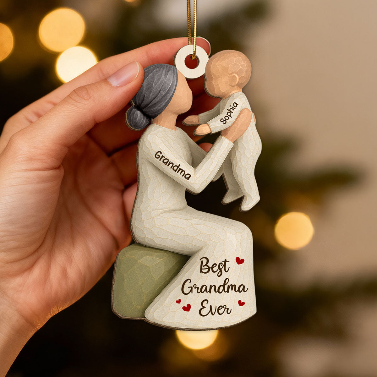 3D Effect Grandma Holding Grandkid - Personalized Wooden Ornament - Unique Christmas Gift for Grandma