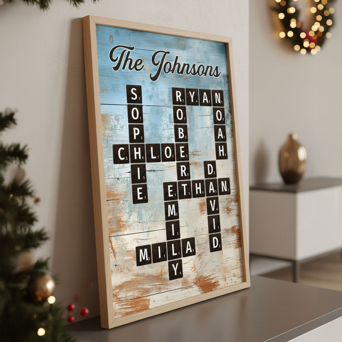 Family Crossword Puzzle Blue Rustic Wood Palette - Personalized Poster - Wall Art Home Decor