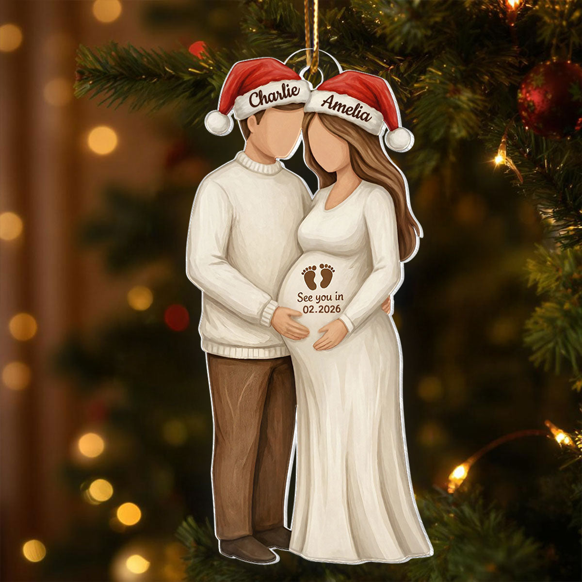 3D Effect Wooden Pregnancy Announcement - Personalized Acrylic Ornament - Heartwarming Christmas Gift For Couple, Family