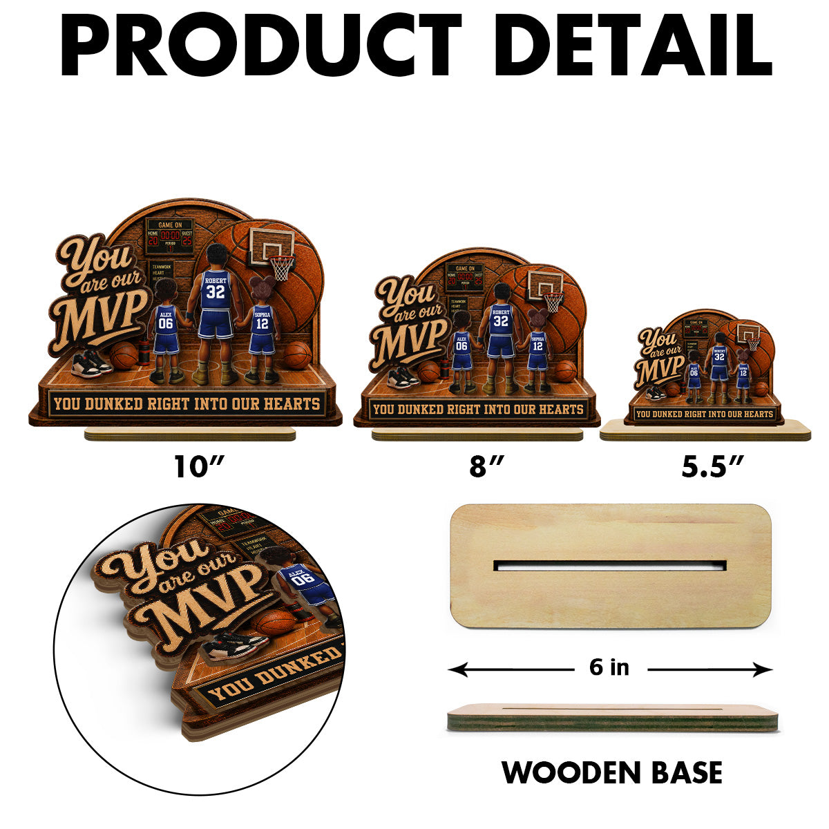 You Are Our MVP Standing Basketball Man & Kids 2D Flat - Personalized 2-Layered Wooden Plaque -  Gift For Basketball Dad