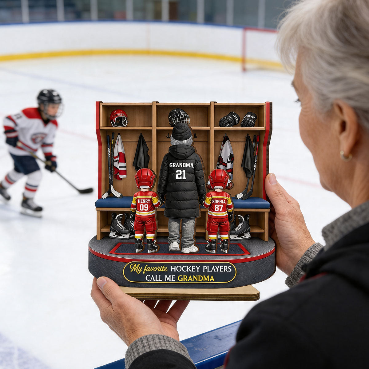 Hockey Grandma And Kids Locker Room - Personalized 2-Layered Wooden Plaque - Heartfelt Gift For Grandma