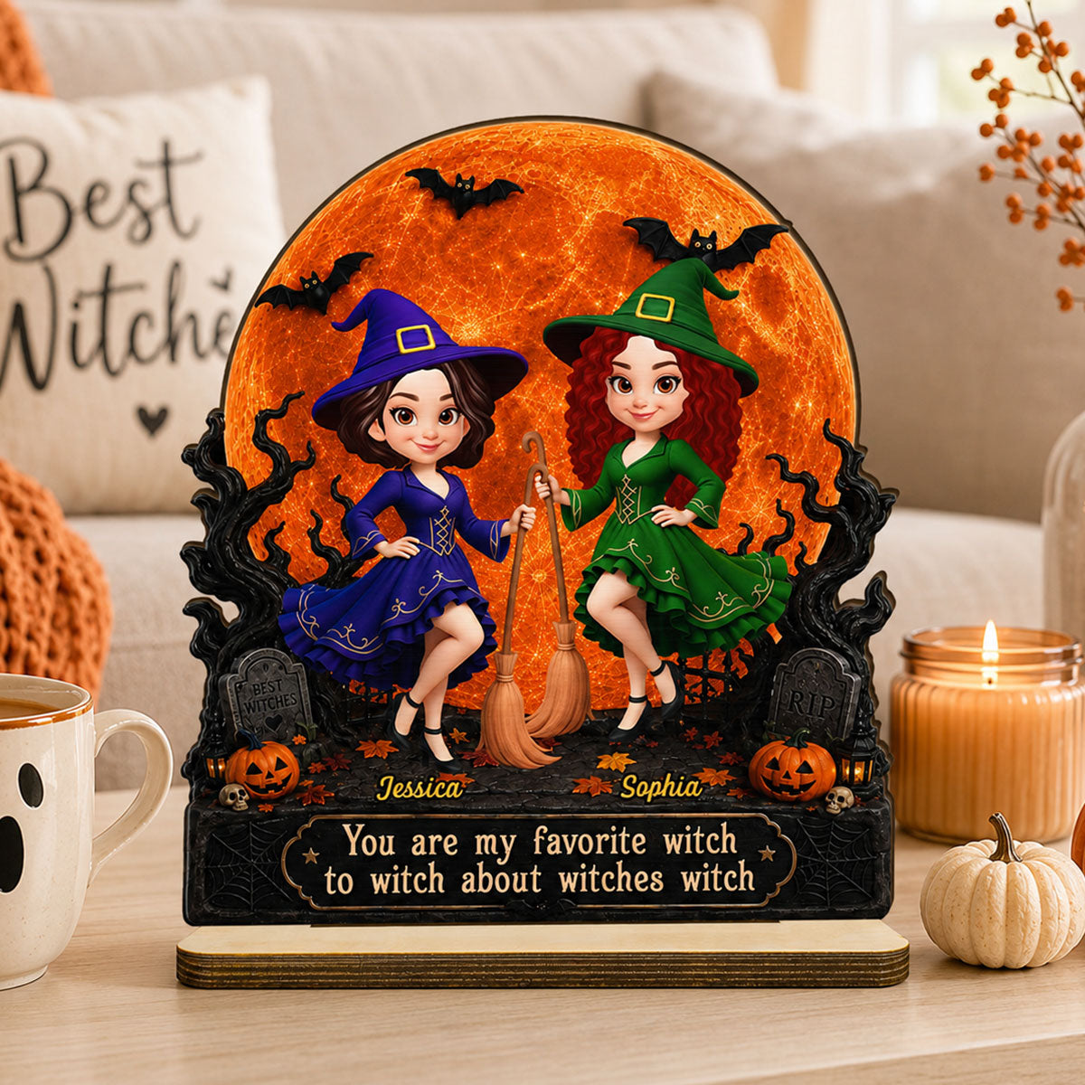 Halloween Witches Besties Moon Light - Personalized 2-Layered Wooden Plaque - Halloween Gift For Best Friends
