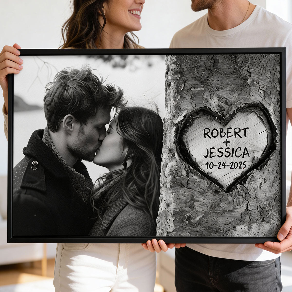 Couple Custom Photo Heart Carved Tree - Personalized Poster - Anniversary Gift, Valentine's Gift For Him, For Her