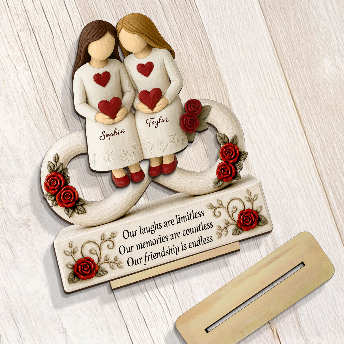 Roses Besties Infinity Our Friendship Is Endless - Personalized 2-Layered Wooden Plaque - Birthday Gift, Gift For Best Friends