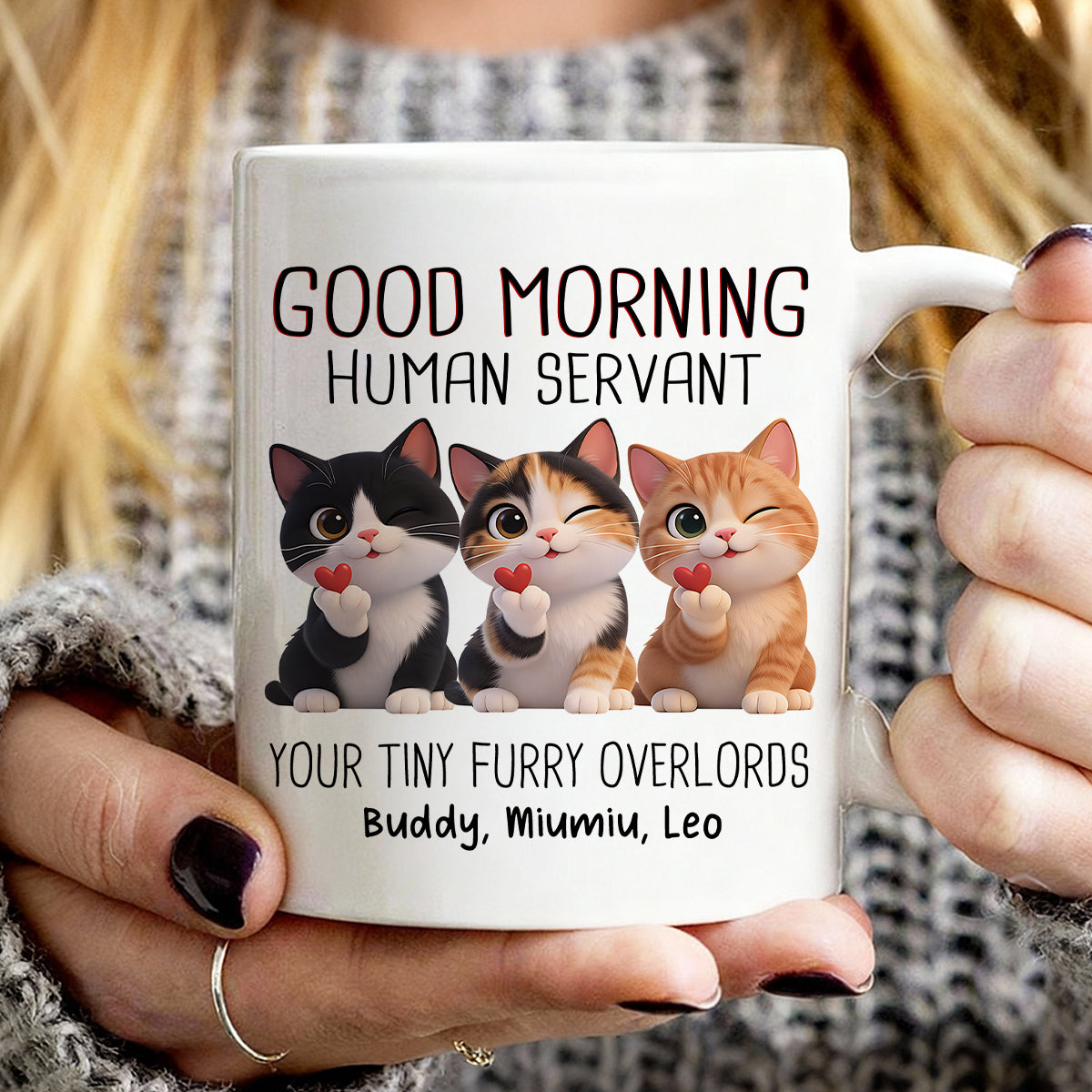 Good Morning Human Servant Cute Fluffy Cats - Personalized Mug - Funny Gift for Cat Moms, Cat Dads