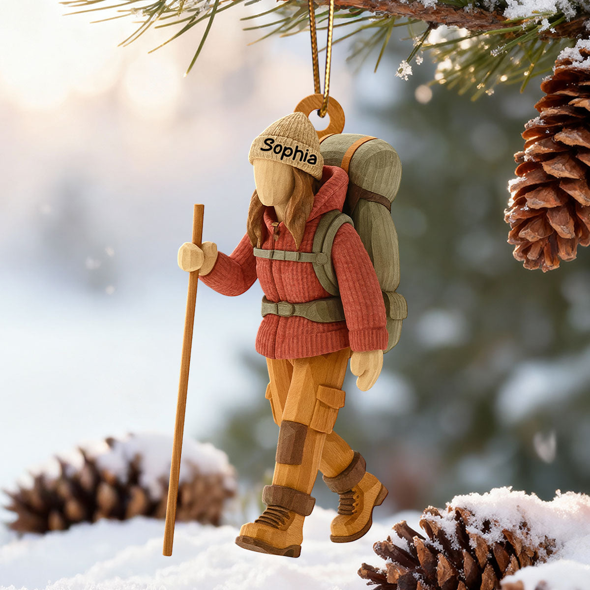 Hiking Girl Christmas - Personalized Wooden Ornament - Gift for Her