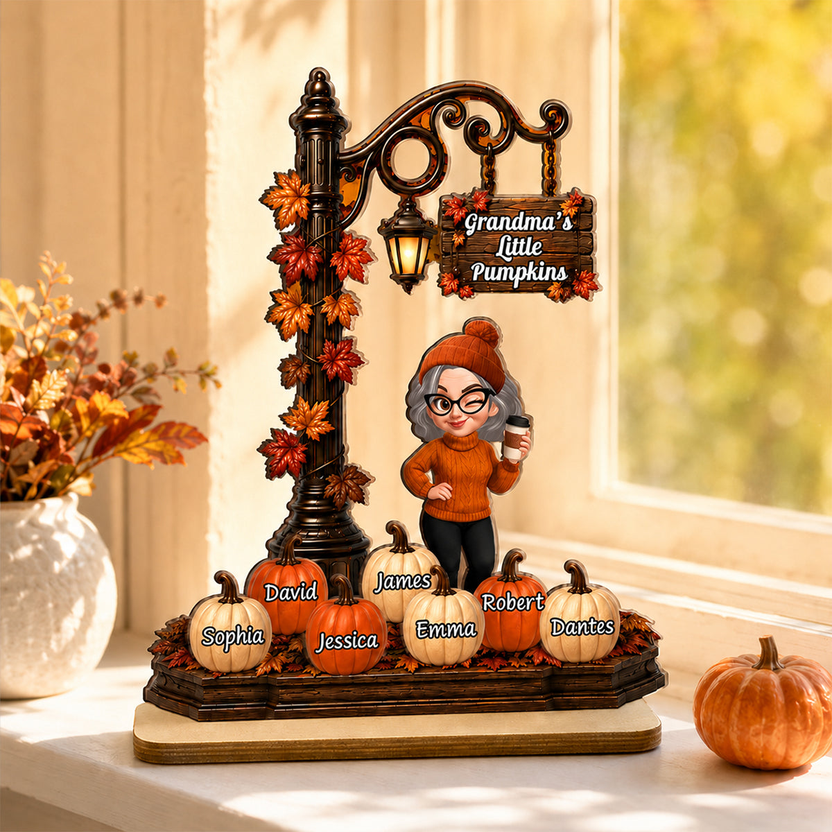 Grandma's Little Pumpkins Lamp Post - Personalized 2-Layered Wooden Plaque - Fall Season Decor Gift, Gift For Grandma