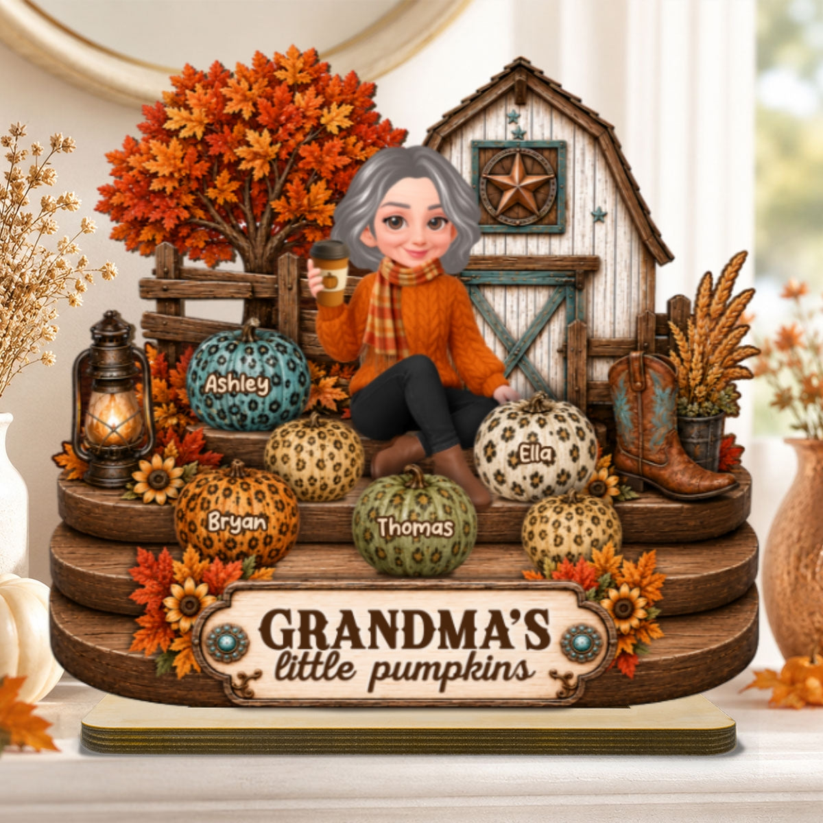 Fall Season Western Cozy Warm Farmhouse Style Grandma Little Pumpkins - Personalized 2-Layered Wooden Plaque - Fall Decor For Grandparents