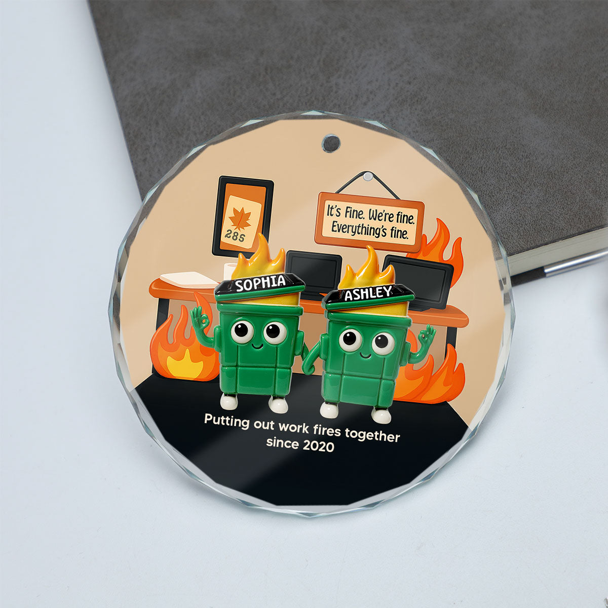 3D Effect Dumpster Fires In Office Scene - Personalized Glass Ornament - Funny Gift For Colleagues, Work Besties
