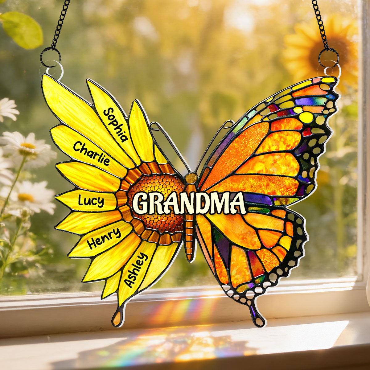 Grandma Sunflower Butterfly Custom Kids Names - Personalized Suncatcher Ornament - Mother's Day Gift For Grandma, Mom, Wife