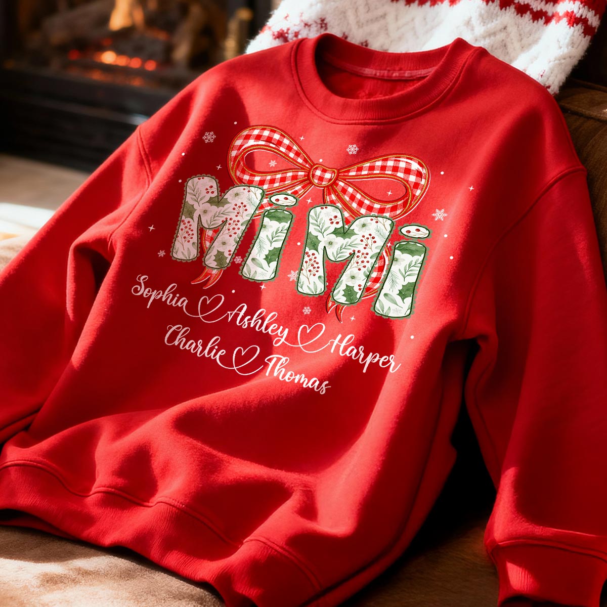 Grandma Coquette Floral Christmas Pattern With Kids Names - Personalized Shirt