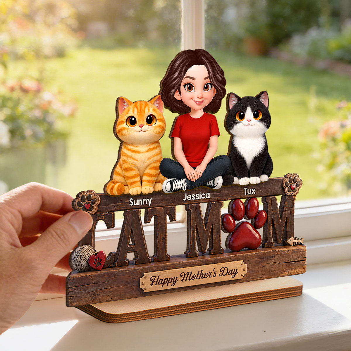 Cat Mom Cute Fluffy Cats Happy Mother's Day - Personalized 2-Layered Wooden Plaque - Mother's Day Gift For Cat Mom