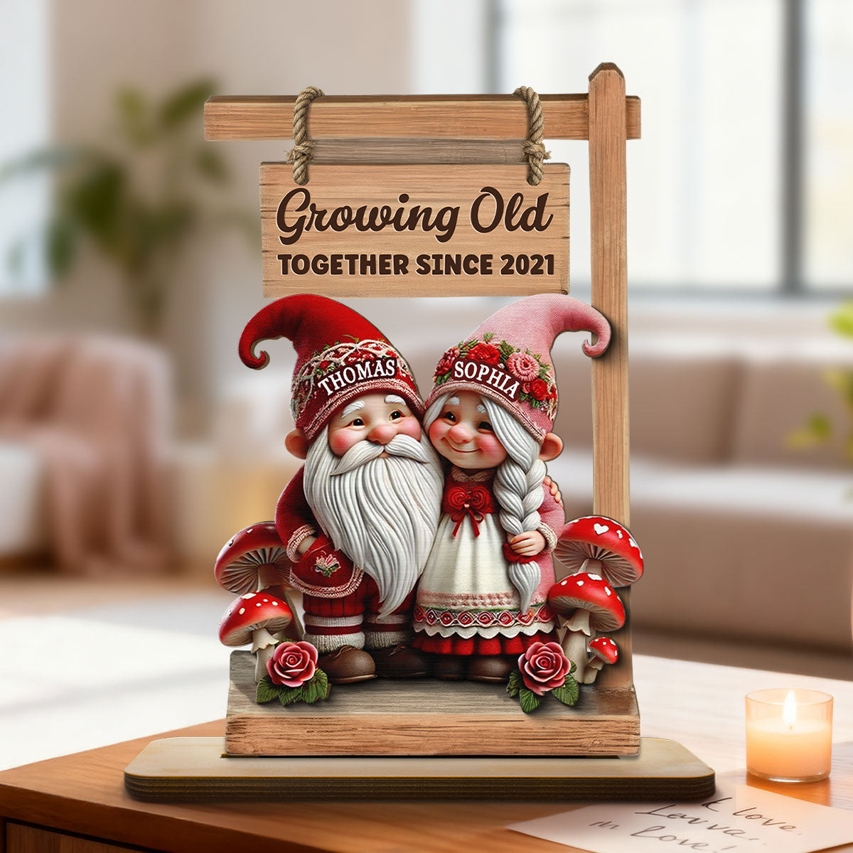 3D Effect Valentine Theme Gnome Couple Standing - Personalized 2-Layer Wooden Plaque - Gift For Him, Gift For Her
