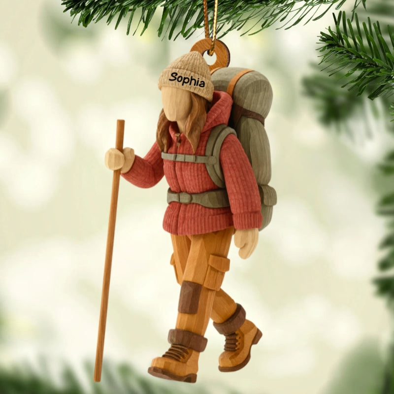 Hiking Girl Christmas - Personalized Wooden Ornament - Gift for Her