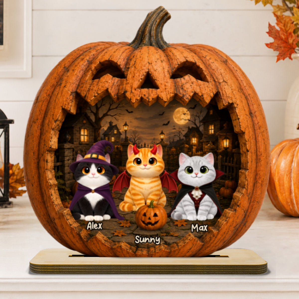 Spooky Halloween Pumpkin Cats 2D Flat Printed - Personalized 2-Layered Wooden Plaque - Halloween Decor For Cat Lovers