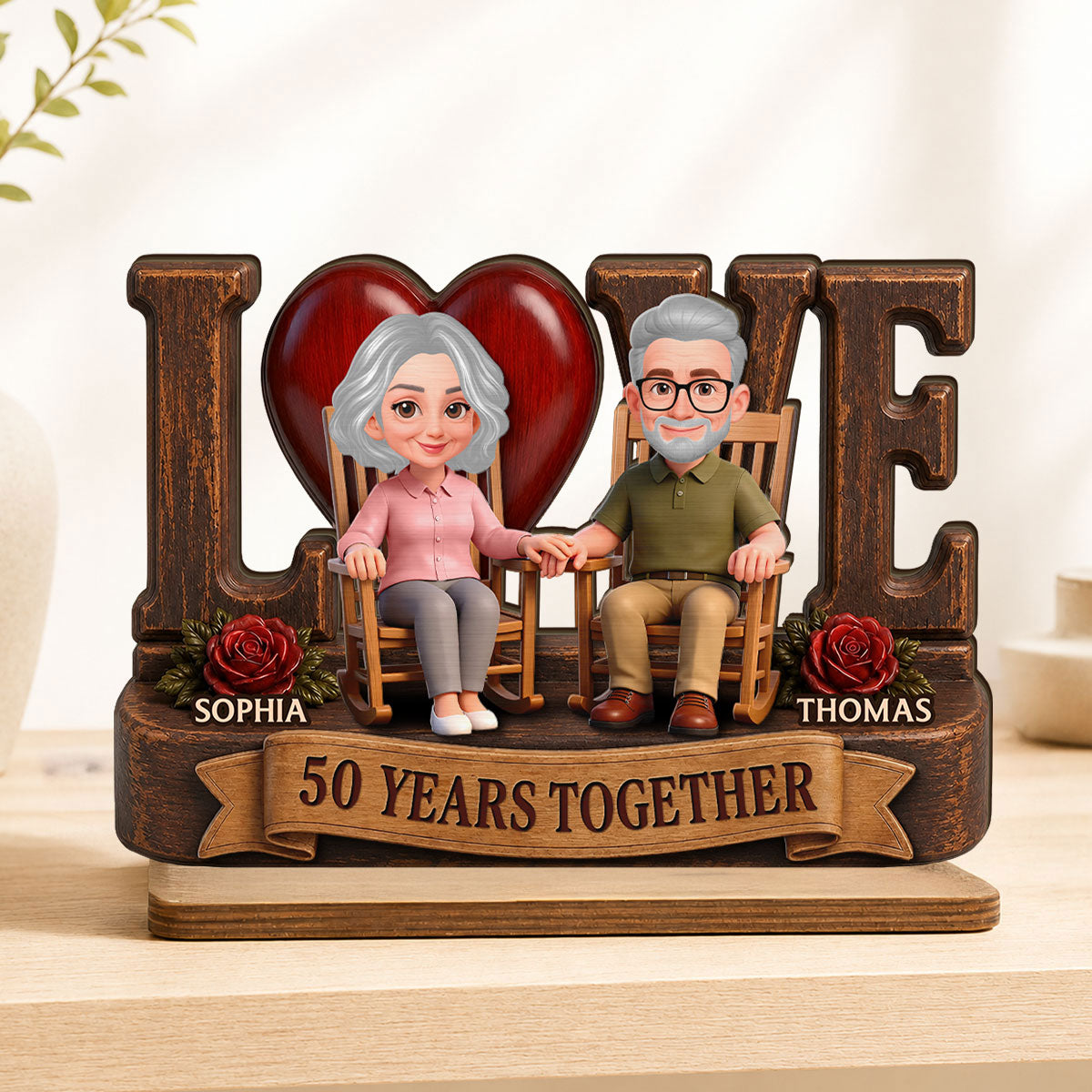 Love Old Couple Anniversary Gift - Personalized 2-Layered Wooden Plaque - Wedding Year Decor