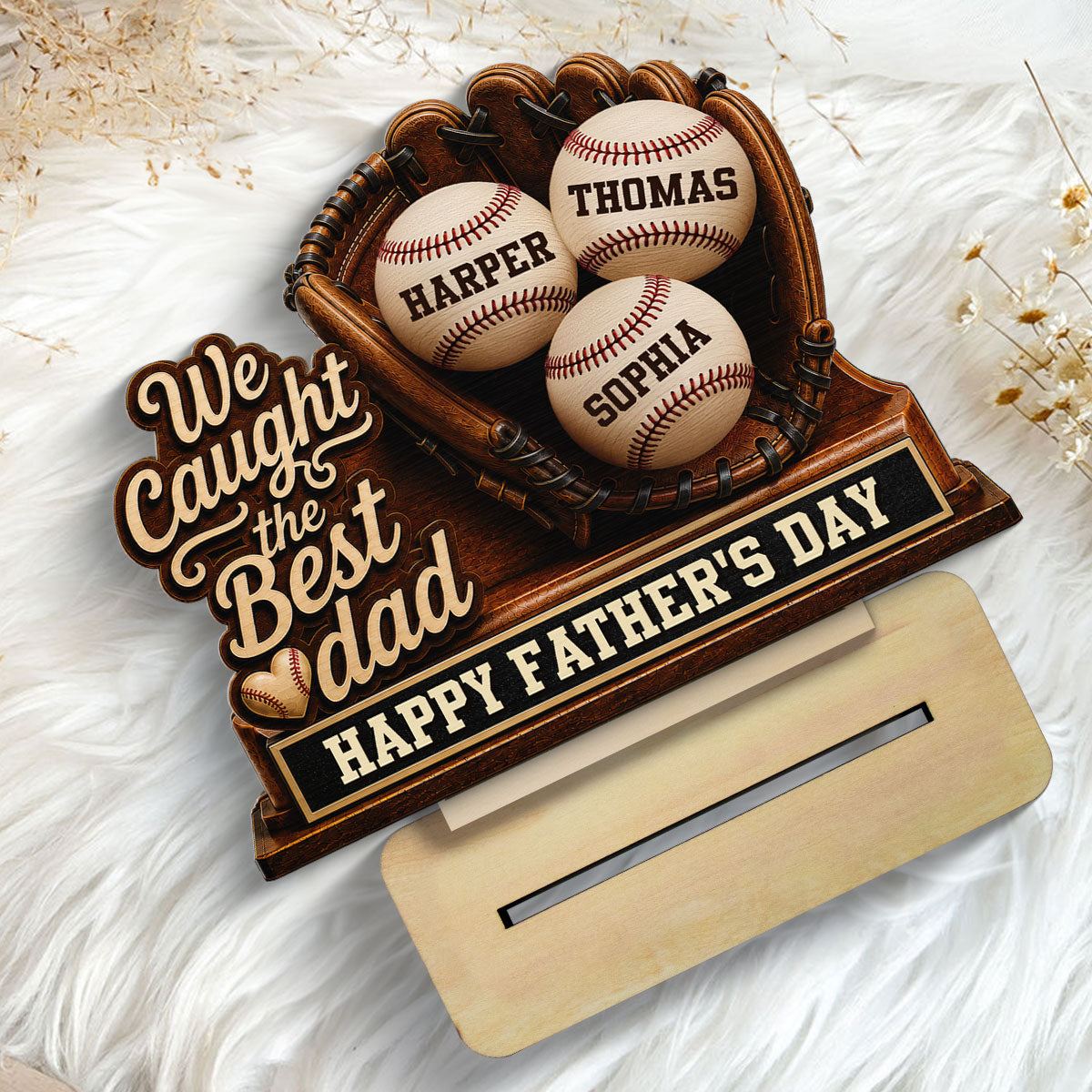 We Caught The Best Dad Baseball In Glove - Personalized 2-Layered Wooden Plaque - Happy  For Baseball Dad